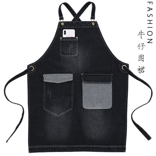 

apron fashion washed denim big pocket coffee shop restaurant milk tea barber