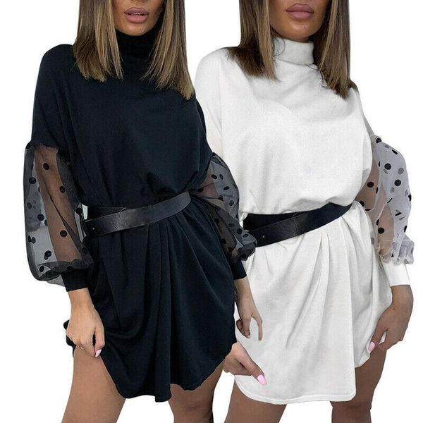 

fashion womens polka dot long puff sleeve turtleneck mini dress evening party autumn short dresses casual, Black;gray
