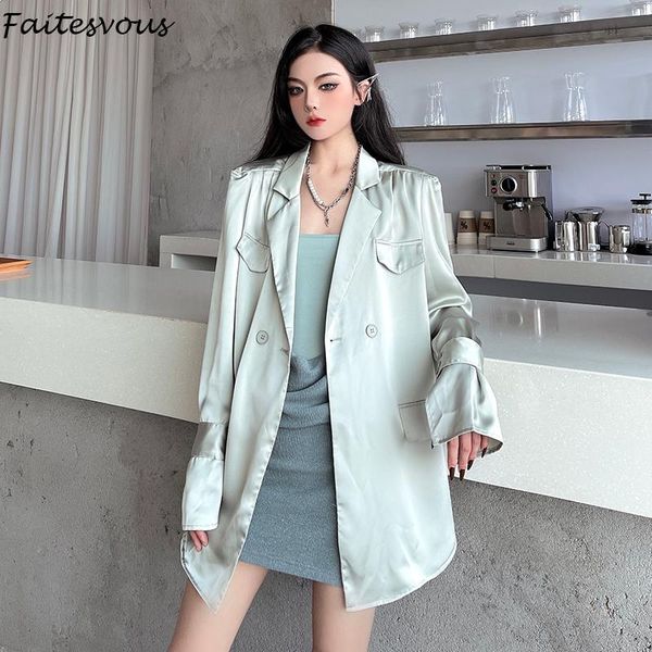 

women's suits & blazers plus size satin women 2021 autumn loose long sleeve suit jacket female korean office ladies button shirts, White;black