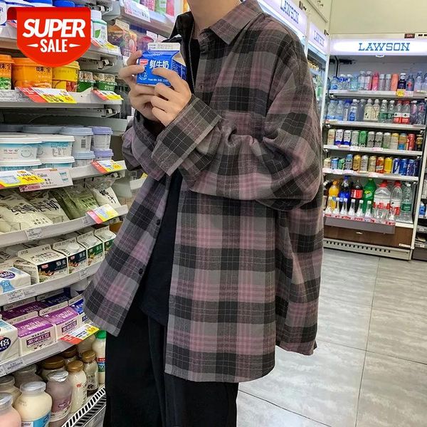 

2020 men's fashion trendy loose long-sleeved shirt lapel collar camisa masculina streetwear lattice printing shirts -2xl #zb9p, White;black