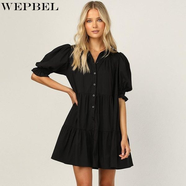 

ethnic clothing wepbel women elegant summer fashion ruffle mini dress ladies short puff sleeve turn down collar single breasted, Red