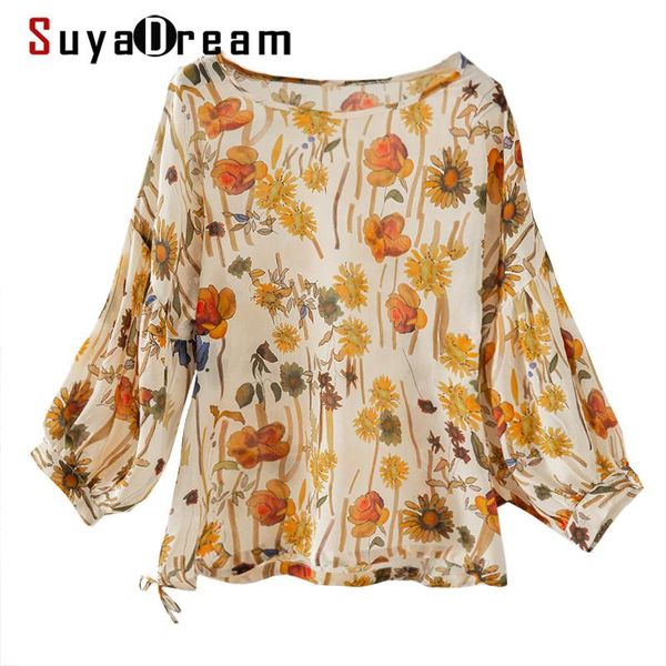 

women's blouses & shirts suyadream woman floral summer 100%silk crepe slash neck printed blouse 2021 autumn top, White