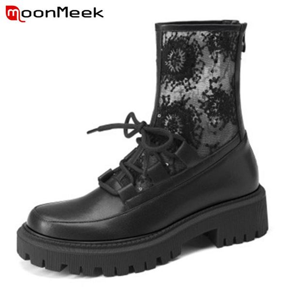 

boots moonmeek 2021 arrive ankle women genuine leather shoes lace up mesh autumn low heel fashion, Black