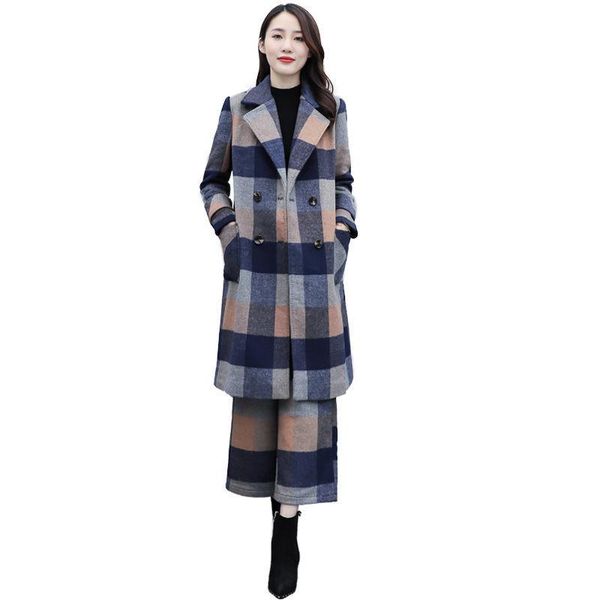 

women's tracksuits 2021 clothing autumn and winter loose large color matching woolen coat wide leg pants two piece suit for women, Gray
