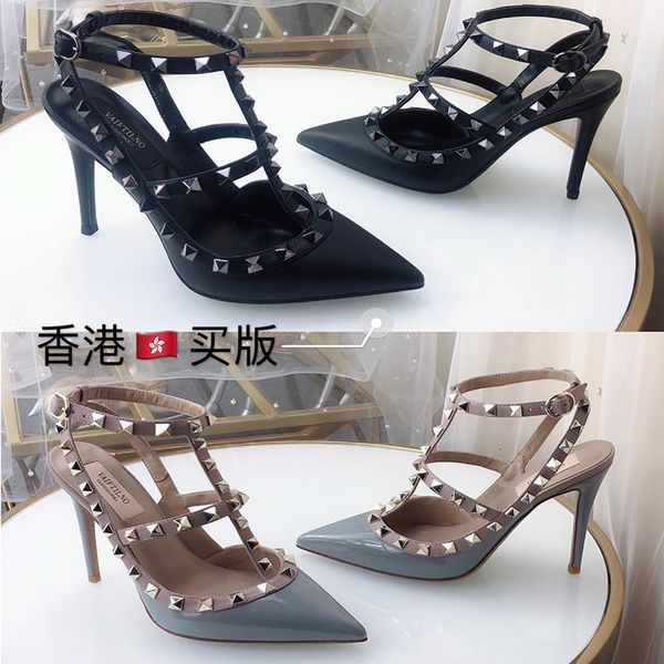 

luxury dress shoes v home rivet high heel's 2021 liuding pointed thin heel sandals leather bandage baotou bridmaid wedding sho, Black