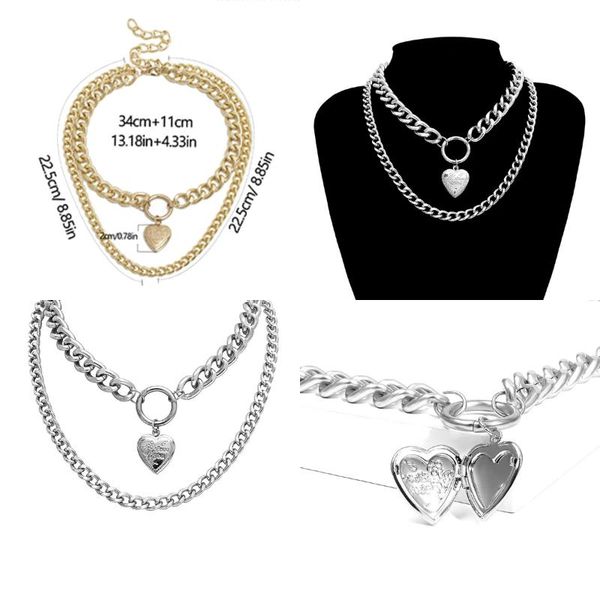 

vintage elegant open heart pendant necklace for women chunky chain 2 layered fashion jewelry necklaces, Silver