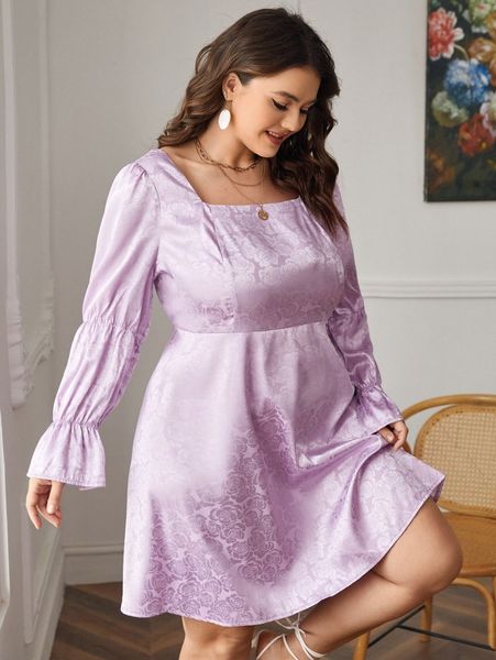 

plus floral jacquard flounce sleeve square neck satin dress m9d7#, Black