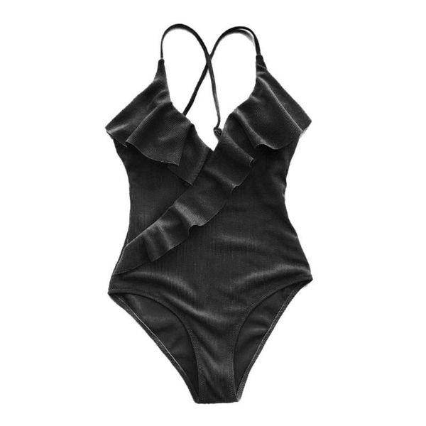 

one-piece suits women plus size bikini deep v-neck cross wrap front ruffles flounce monokini thread stripes solid swimsuit