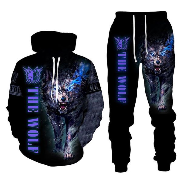 

men's tracksuits the wolf king autumn winter 3d printed hooded sweater set sportswear tracksuit long sleeve clothing suit, Gray
