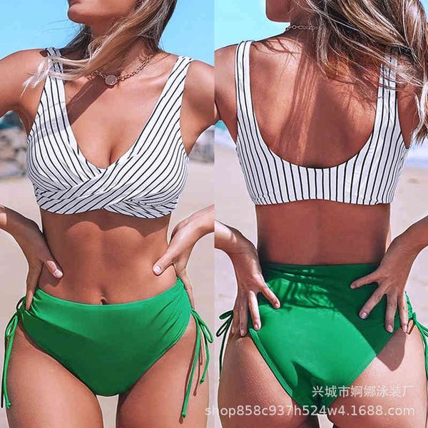 

stripe 2021 cross high waist split bikini swimsuit, White;black
