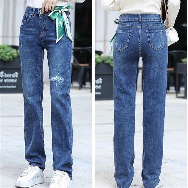 

women's jeans lengthened autumn high waist loose straight plus size, Blue