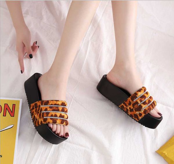 

fashion leopard print rhinestone flat slides shoes high platform women slippers flip flop slip-on beach sandals, Black