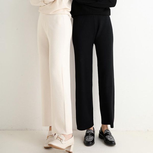 

women's wide leg pants high waist drape 2021 slim and versatile straight loose casual knitted warm & capris, Black;white