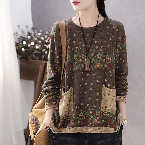 

women's sweaters 21 women autumn winter vintage print loose pockets o-neck collar female fashion knit tide, White;black