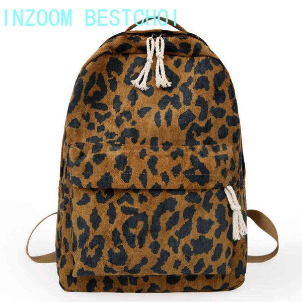

fashion female backpack leopard print corduroy dual-straps woman travel large capacity girl school shoulder bag mochila mujer y1105