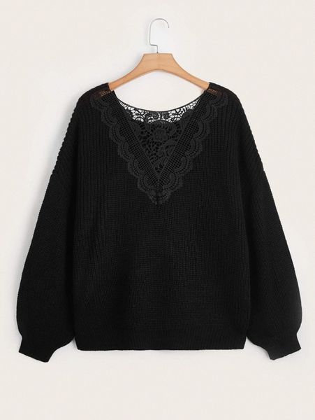 

plus contrast guipure lace drop shoulder sweater e9xb#, Black