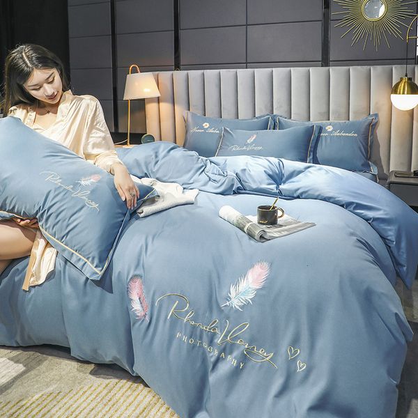 

2021 light luxury washing embroidery four piece set of silk smooth naked sleeping summer bed sheet quilt cover bedding