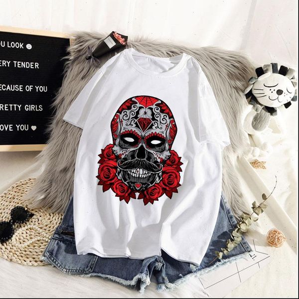 

fashion floral skull print 90s women t shirts harajuku ulzzang graphic summer white