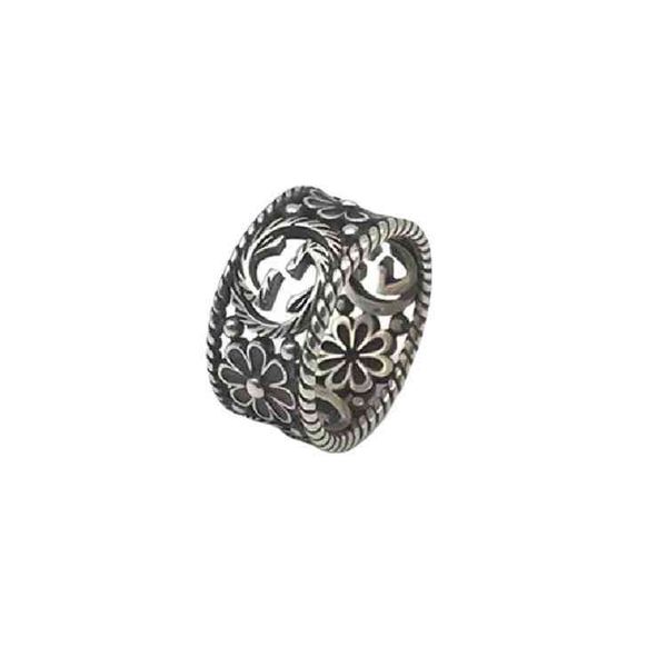 

daisy ring wide hollow out carved flowers couple, Silver