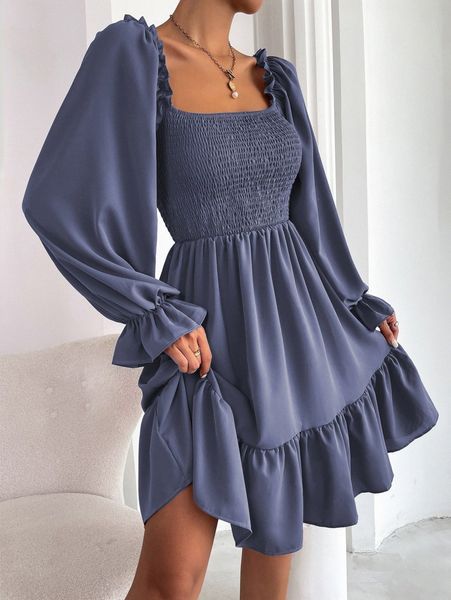 

square neck shirred bodice flounce sleeve ruffle hem dress a3uo#, Black;gray