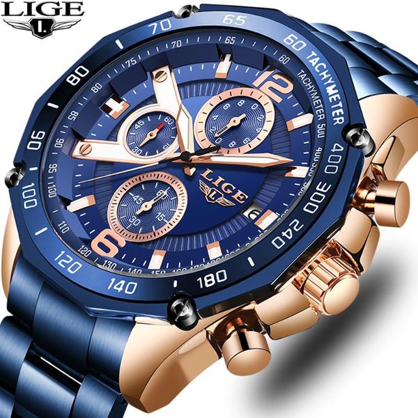 

wristwatches lige fashion business blue mens watches clock male military all steel waterproof quartz watch relogio masculin, Slivery;brown