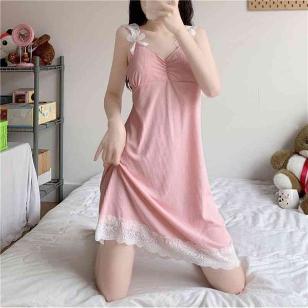 Розовое кружевное ночное платье не за плечевые слинг белье платье сексуальное женское платье спать домашняя одежда с грудной площадкой 210529