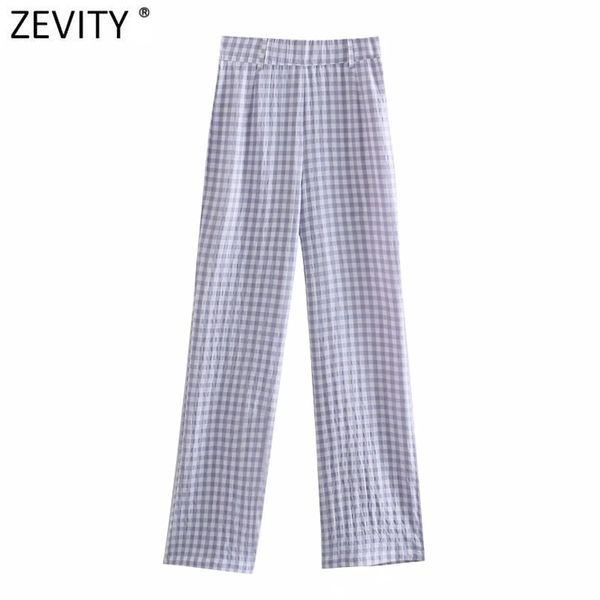 

women vintage plaid print casual straight pants retro female side zipper pantalones mujer chic long trousers p1033 210420, White;black