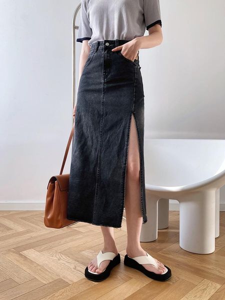 

skirts lmq women 2021 summer split fork denim half skirt korean style mid-length over the knee high waist bare legs a-line, Black