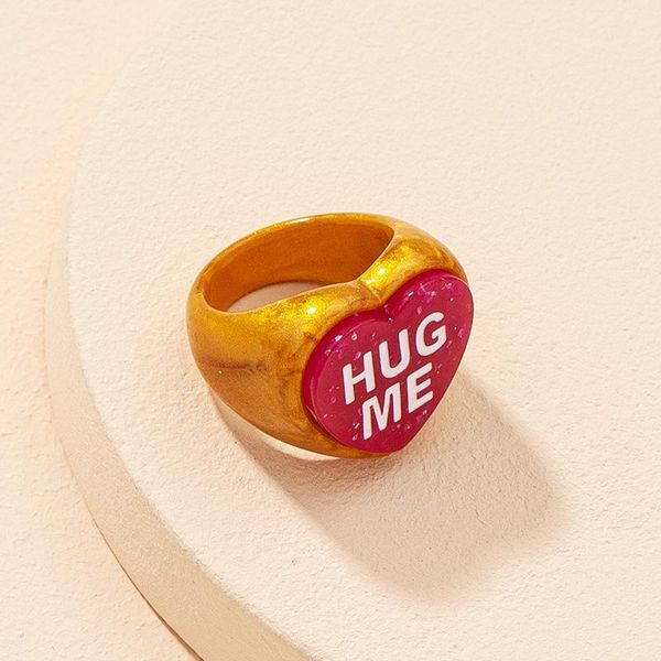 

cluster rings 2021 simple red heart letter hug me thick for women vintage gold color acrylic resin ring jewelry, Golden;silver