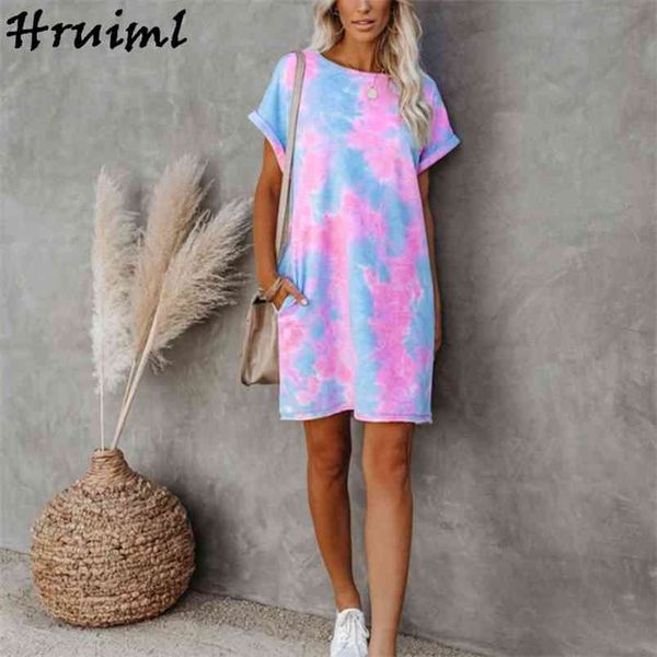 

woman dress summer casual tie dye print short sleeve o neck female mini loose beach vestidos de mujer para vernao 210513, Black;gray