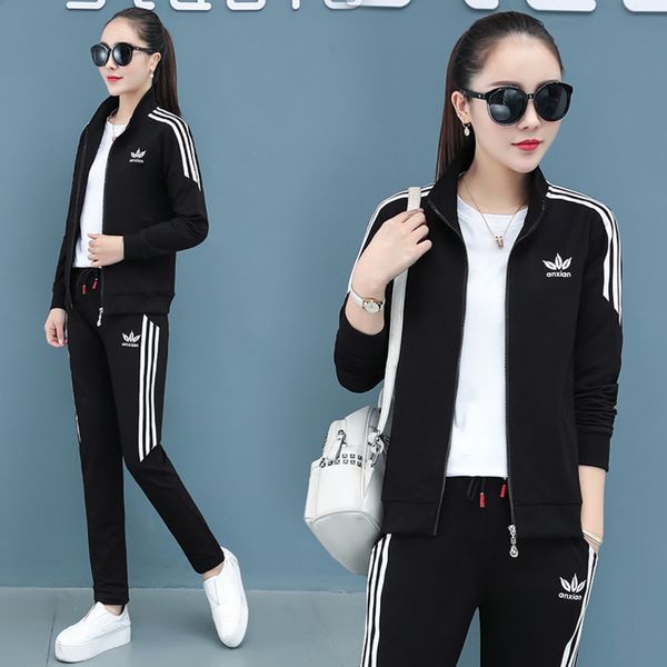 

sportswear women's spring and autumn 2020 new stand collar fashion korean running slim large casual wear three piece set, Gray