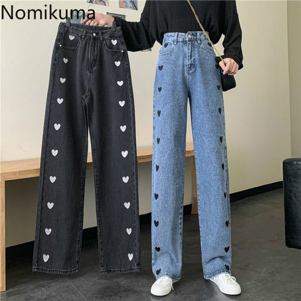 

nomikuma autumn winter demin pants korean love heart print women trousers causal high waist long wide leg jeans pants 6d575 210427, Blue