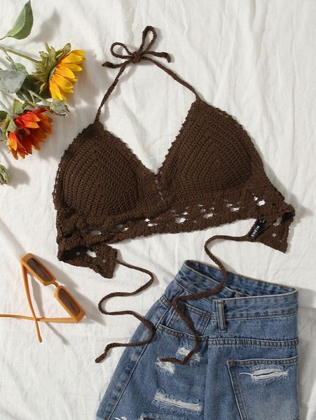 

solid halter crochet bikini b9vs#, White;black