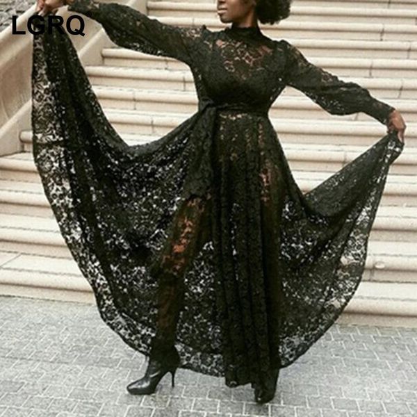 

casual dresses [lgrq] women black vintage lace slim dress turtleneck neck long sleeve fit fashion tide spring summer 2021 19d2420, Black;gray