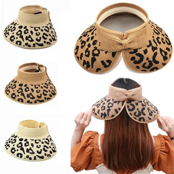 

wide brim hats cap bow women's fashion leopard sun hat straw beach visor, Blue;gray