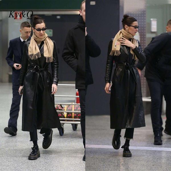 

women's wool & blends lapel gather waist lace up slim retro modern medium length leather coat brand 2021 designer trend overcoat windbr, Black