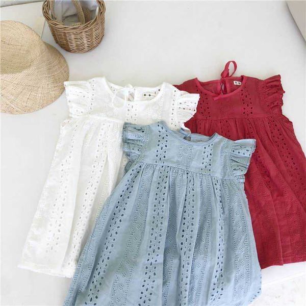 

girl hollow out dress summer children 3 color cotton sleeveless princess kids clothes 2-7years e53197 210610, Red;yellow