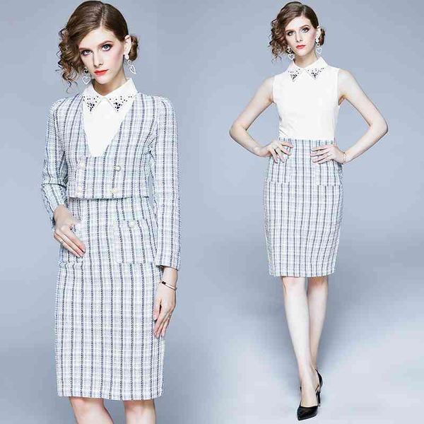 

spring patchwork tweed plaid midi 2 piece set dresses women beading turn down collar vest dress+tweed short jacket crop 210416, White