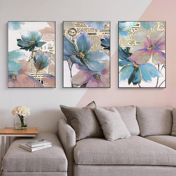 Estilo Nórdico Arte Cuadros Imprime Decorações De Parede Pinturas De Lona Pintura De Rosa Flores Azul Poster Linhas De Ouro Quarto Floral Decoração Home