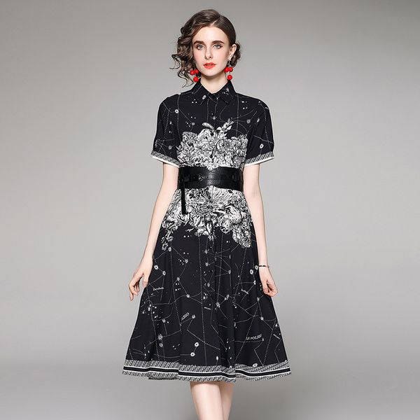 

womens short sleeve shirt dress high end printed temperament lapel summer lady dress new fashion boutique trend dresses, Black