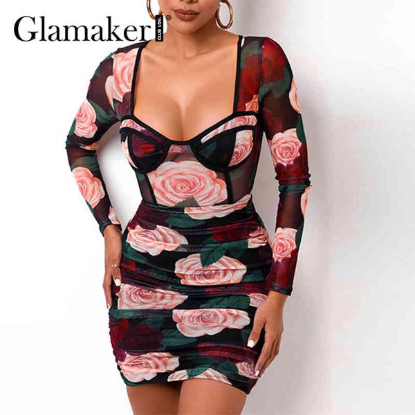 Glamaker Mesh abito corto club stampato rosa trasparente Bodycon sexy mini elegante ufficio da donna abiti da festa estate nuovo vestito 210412