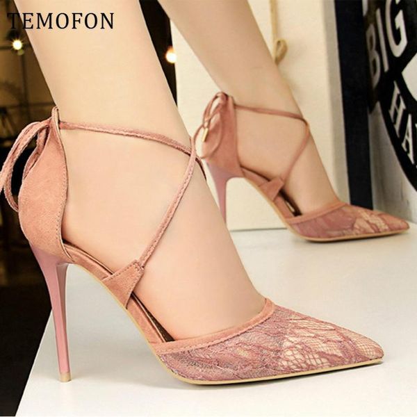 

dress shoes temofon pointed toe high heel women pumps lace hollow ladies sandals soft summer bridal hvt990, Black