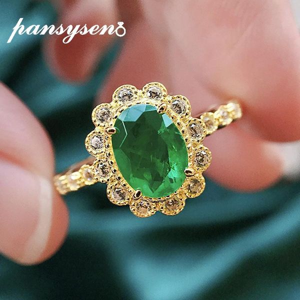 

solid 925 sterling silver oval cut emerald gemstone rings for women yellow gold color fine jewelry ring drop cluster, Golden;silver