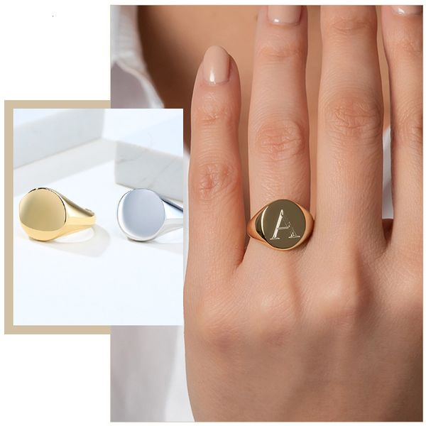 

minimalist initial women rings custimized roud signet band glossy stainless steel punk candid street lady jewelry, Golden;silver