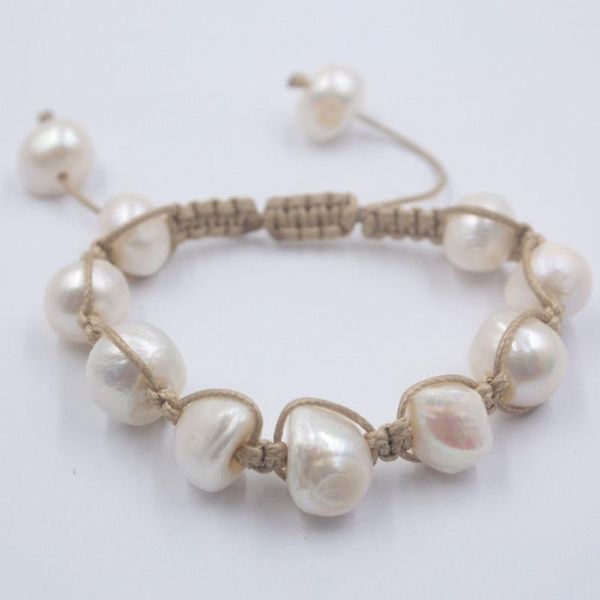

other bracelets 13-14mm baroque freshwater pearl with wax cord knitted bracelet adjustable for woman, Golden;silver