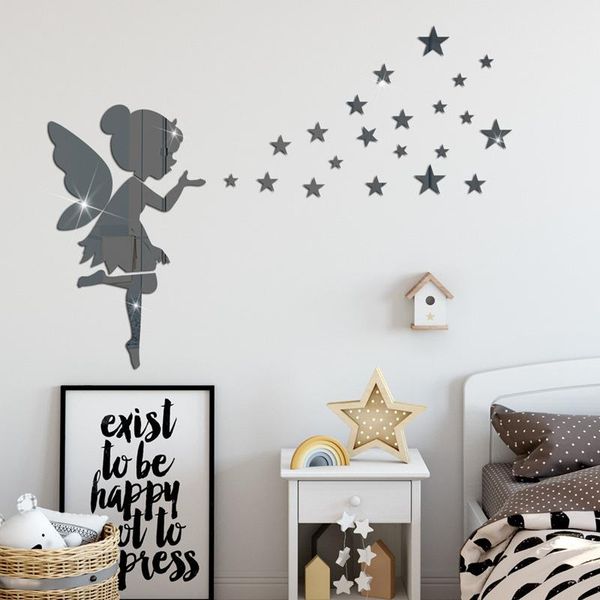 

wall stickers fairy figure elf acrylic mirror sticker gold silver baby girl bedroom home decoration