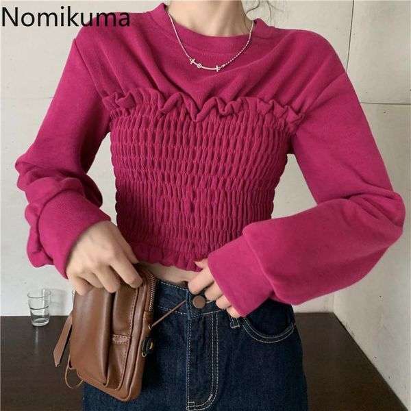 

nomikuma hoodies women o neck long sleeve stretch female solid color slim fit short sweatshirt autumn all-match 3d790 women's & sweats, Black