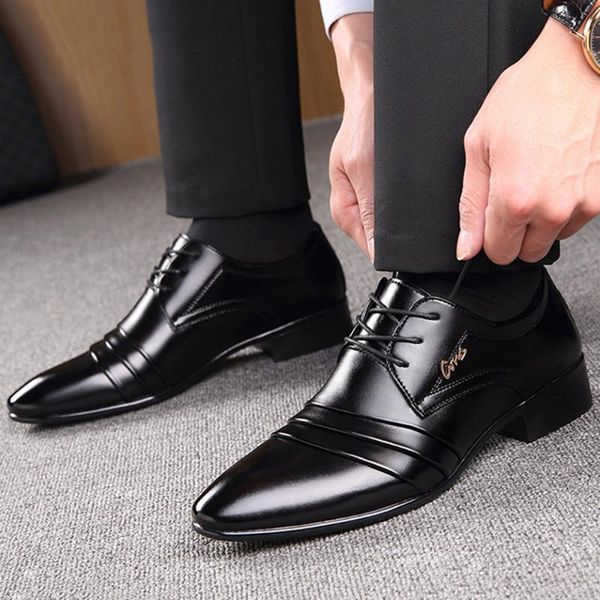 

dress shoes 2021 fashion mens leather wedding business pointed oxfords breathable working lace up big size, Black