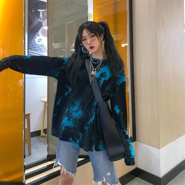 

women's t-shirt summer korean version of harajuku dark cool style handsome tie-dye long-sleeved loose bf bottoming top, White