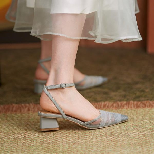 

women sandals 22-24.5cm length summer shoes for woman gauze fashion design pointed square heel 2021, Black